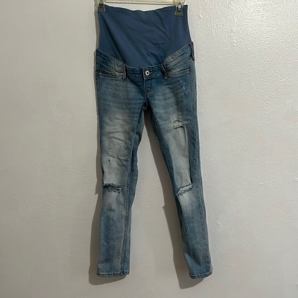 H&M Mama Light Wash Distressed Skinny High Rib Ankle Maternity Jeans Size 4